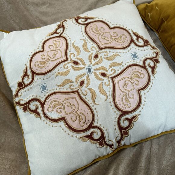 Patina Vie throw pillows yellow velour Pink Heart Embroidery cotton velvet 17" 2 - Picture 8 of 16